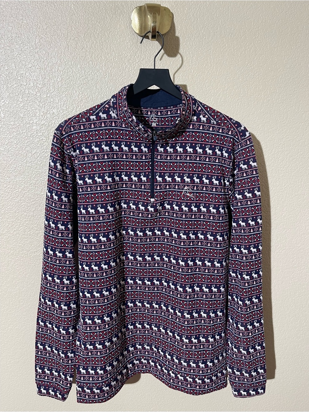 Rhoback Men's Navy and White Reindeer Pattern Quarter-Zip Shirt